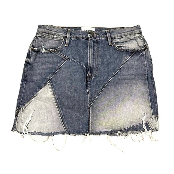 FRAME Patchwork Distressed Mix Denim Mini Fringe Skirt, size 28 - Picture 2 of 10